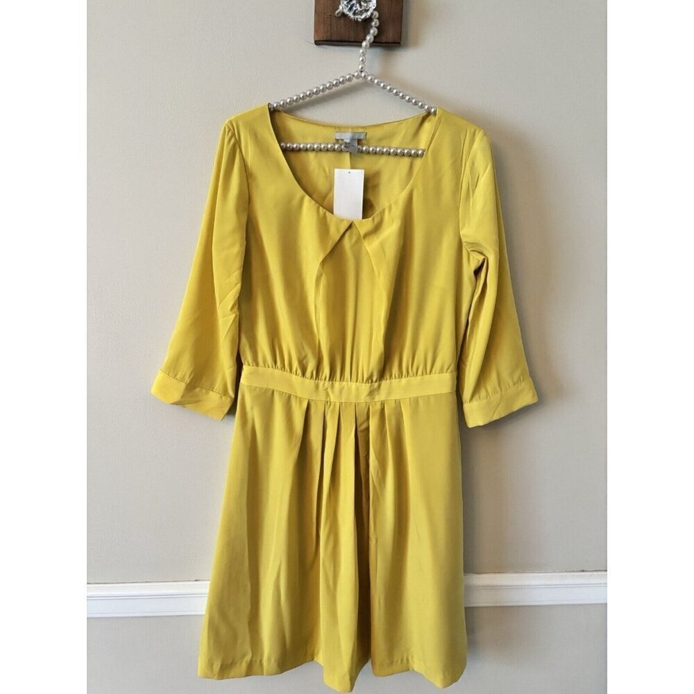 NWT H&M Womens Size 8 Yellow Pleated Dress 3/4 Sleeve